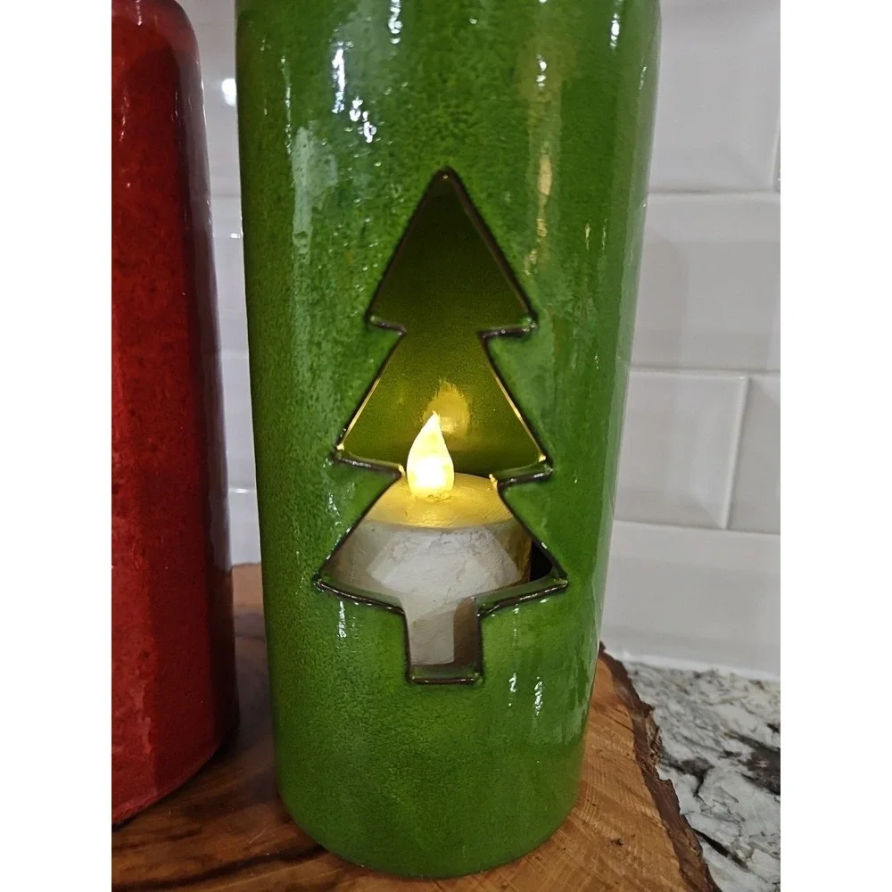 Ceramic Christmas TREE Votive Hand -Glazed Candle‎ Holder SET OF 2!! 9 INC
